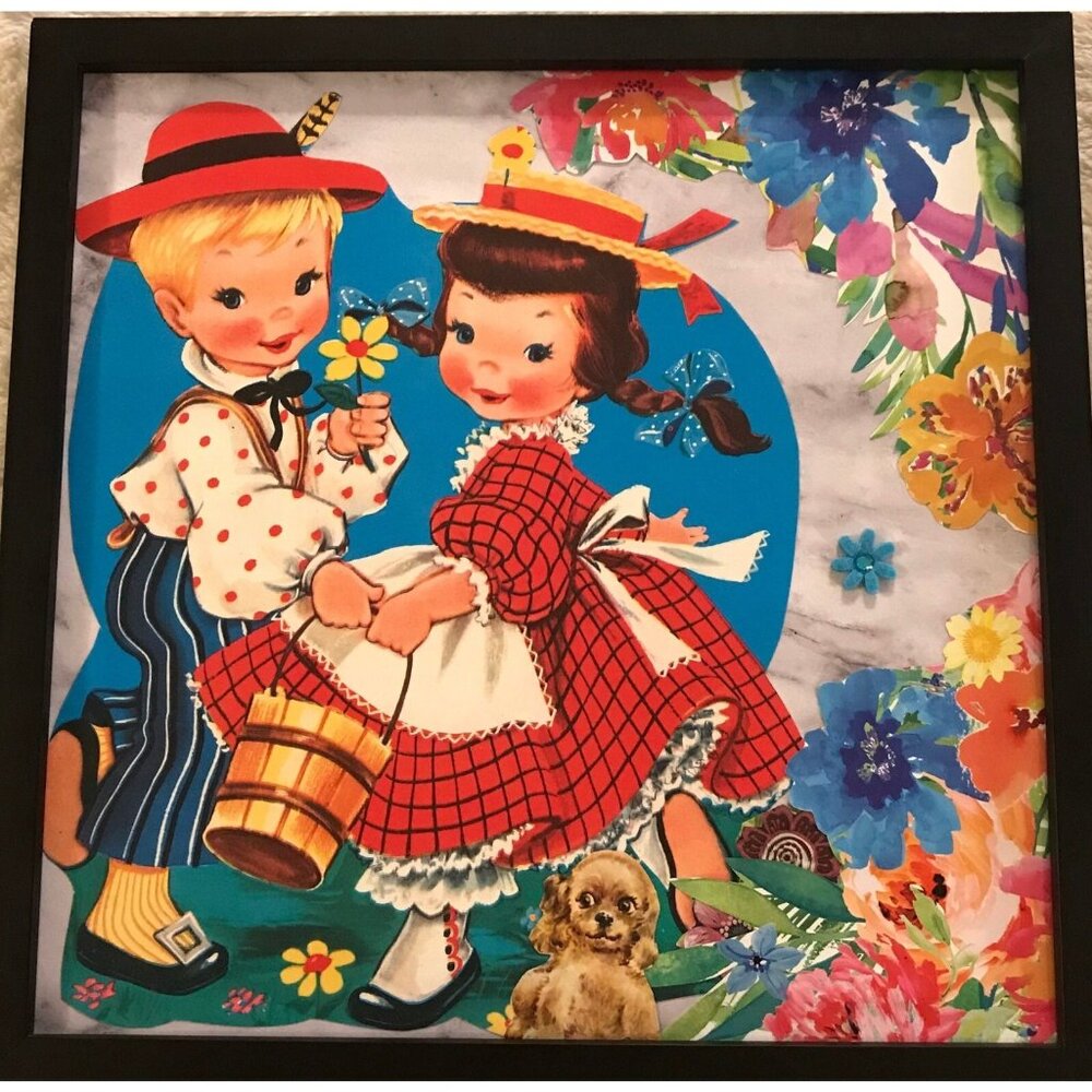 Retro Jack and Jill Handmade Collage Framed Wall Art Nursery Decor OOAK Picture